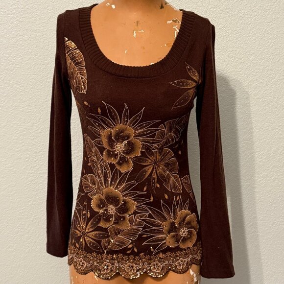 Viva You Top Womens Small Floral Print Baby Tee Shirt Vintage Y2K Sequins Glitte - Picture 1 of 7